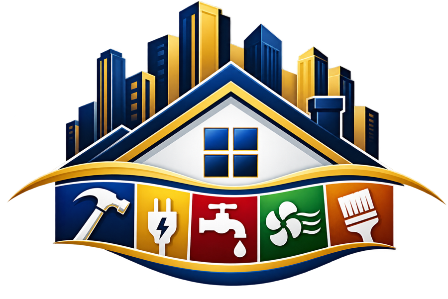 FixItCity emblem: a house in front of a city skyline above icons for carpentry, electrical, plumbing, heating and cooling, and painting