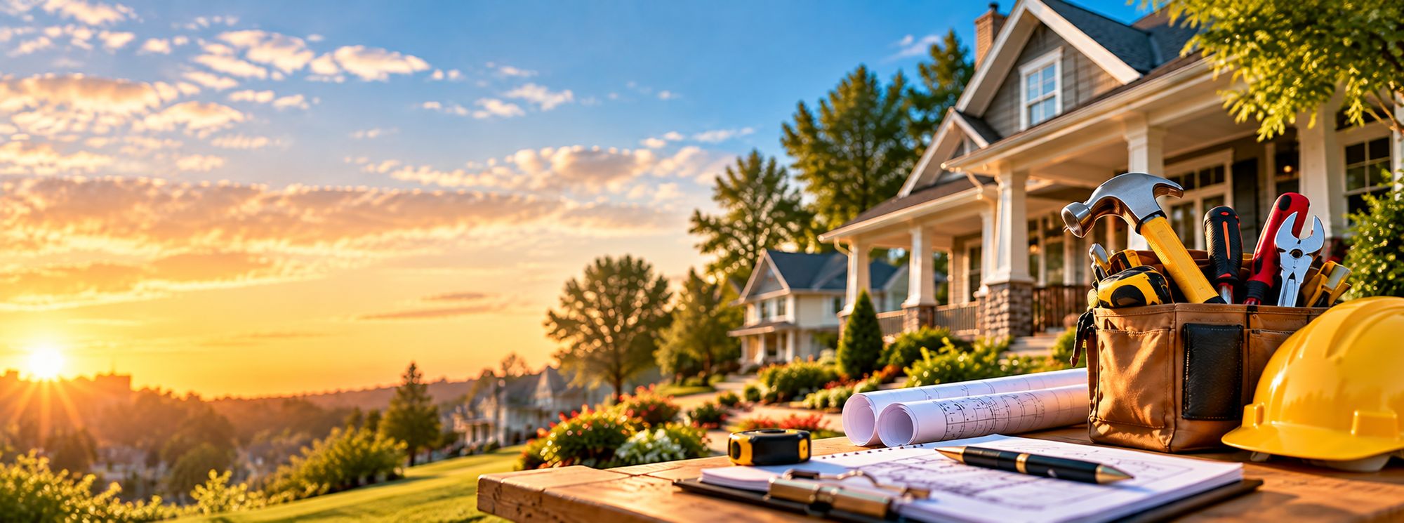 A craftsman-style house at sunset with a tool belt, hammer and hard hat on a table out front