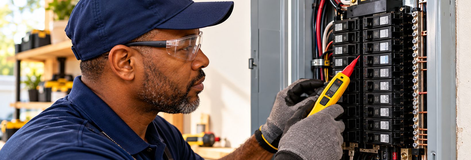 An electrician in safety glasses and gloves testing a breaker panel with a voltage tester
