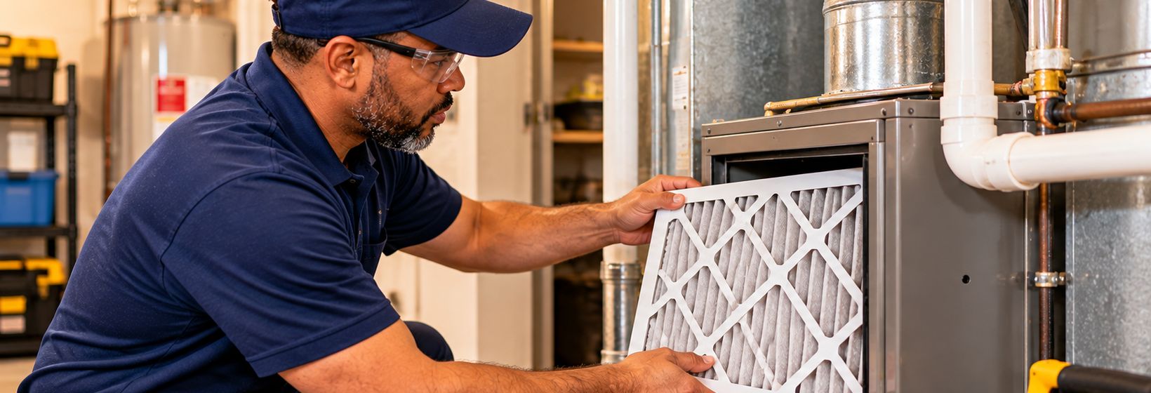 A technician in safety glasses sliding a new air filter into a furnace
