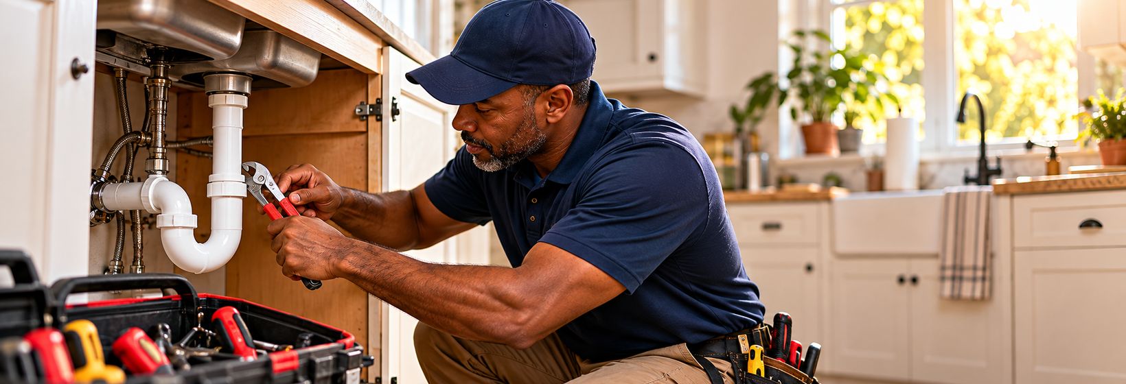 A plumber in a navy cap tightening the drain trap under a kitchen sink