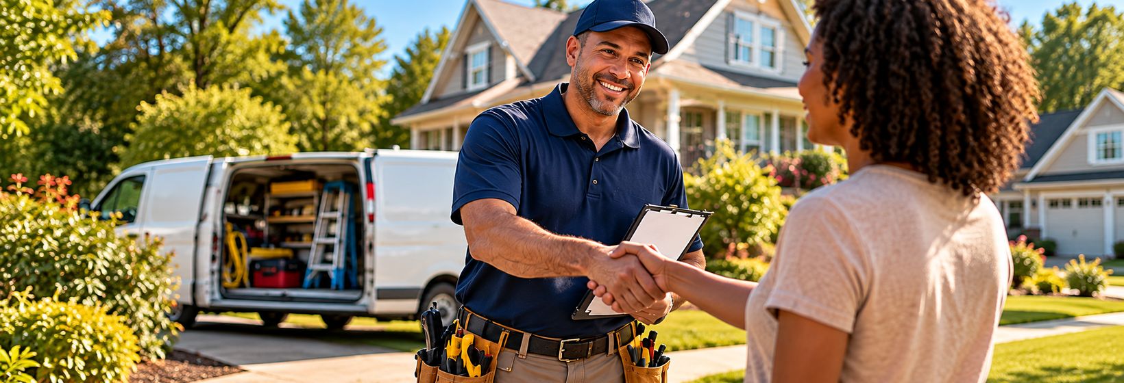 A smiling technician shaking hands with a homeowner in her driveway