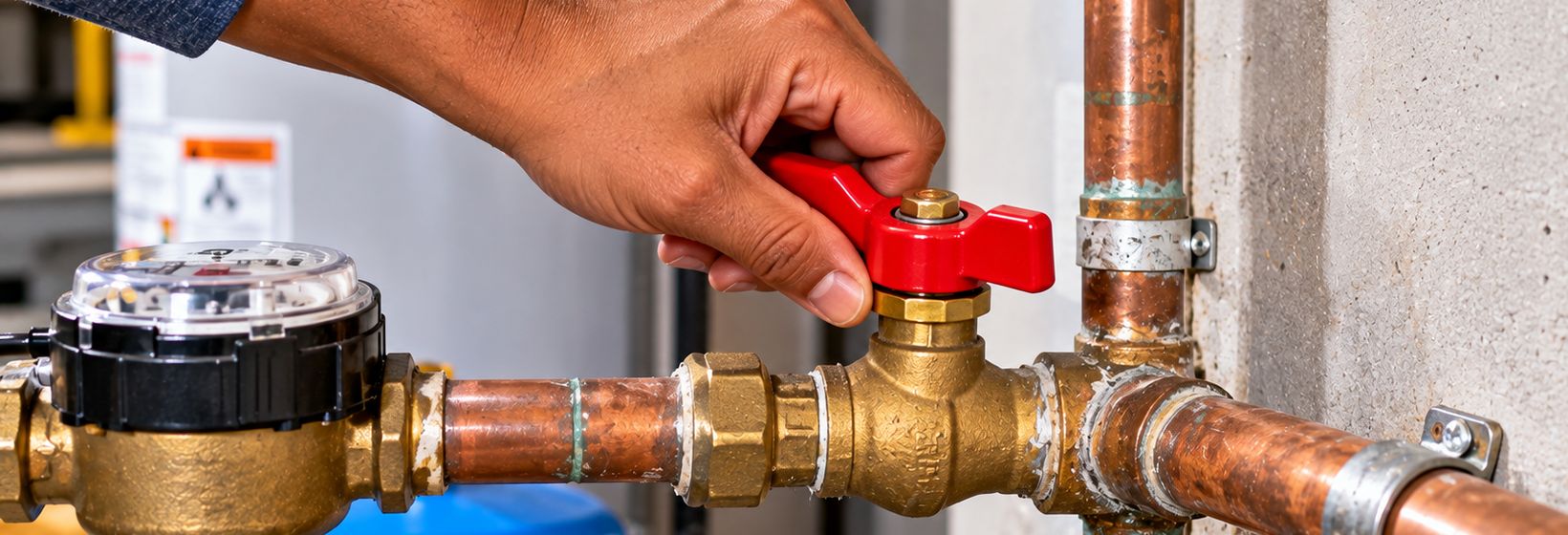 A hand turning the red handle of a home's main water shutoff valve next to the water meter