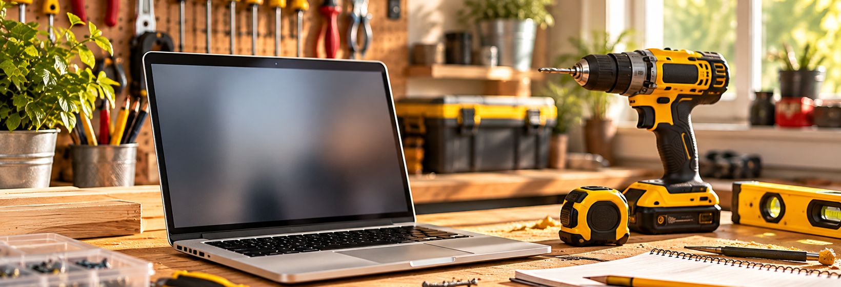 A laptop on a workbench surrounded by a cordless drill, tape measure and hand tools