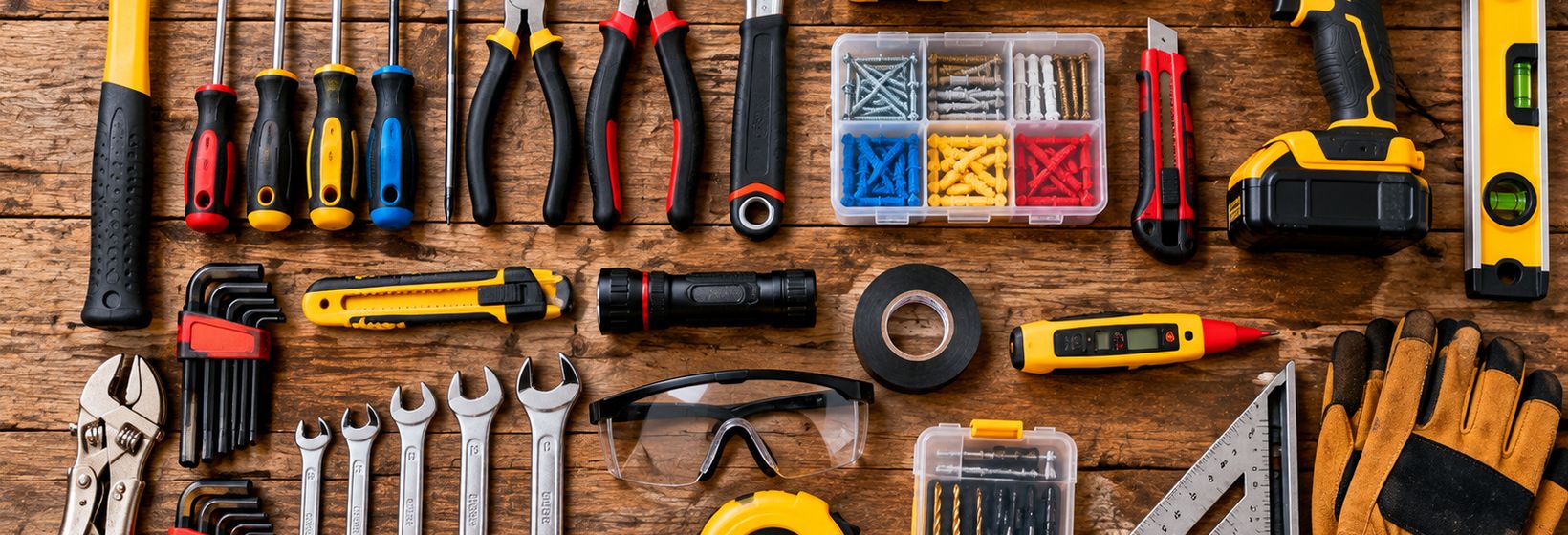 Basic hand tools laid out on a wood table: hammer, screwdrivers, pliers, wrenches, a cordless drill, tape measures, a level, a voltage tester and gloves