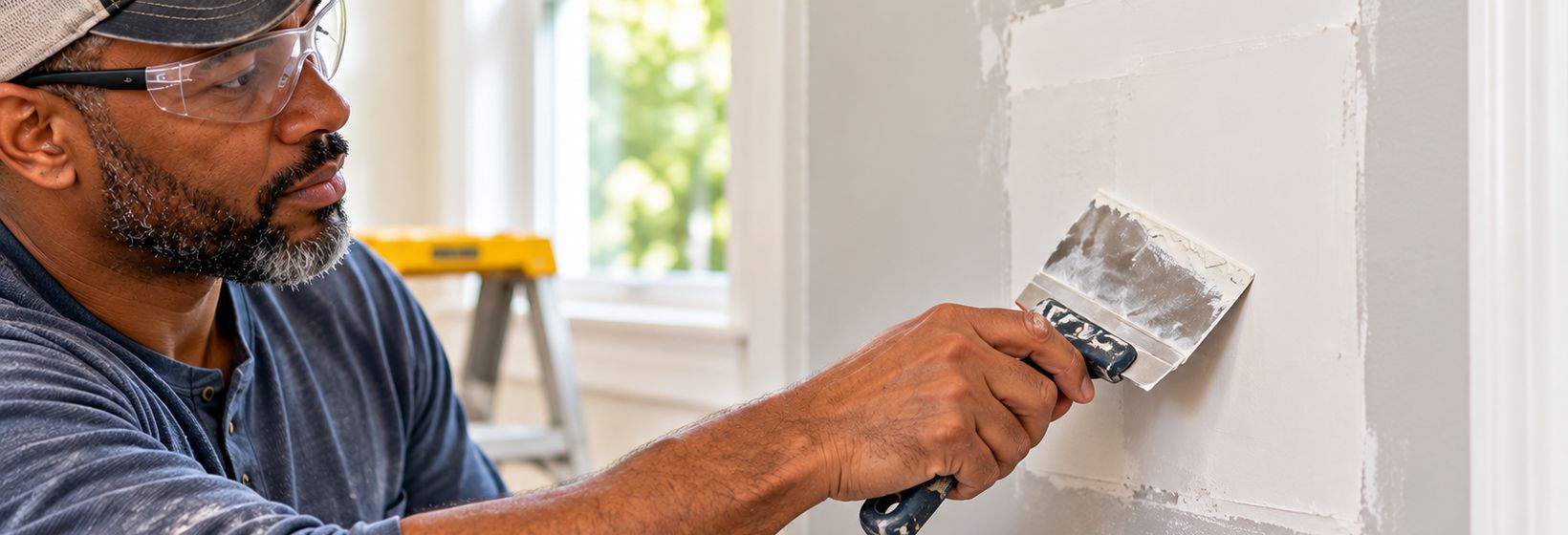 A man in safety glasses smoothing joint compound over a drywall patch with a putty knife