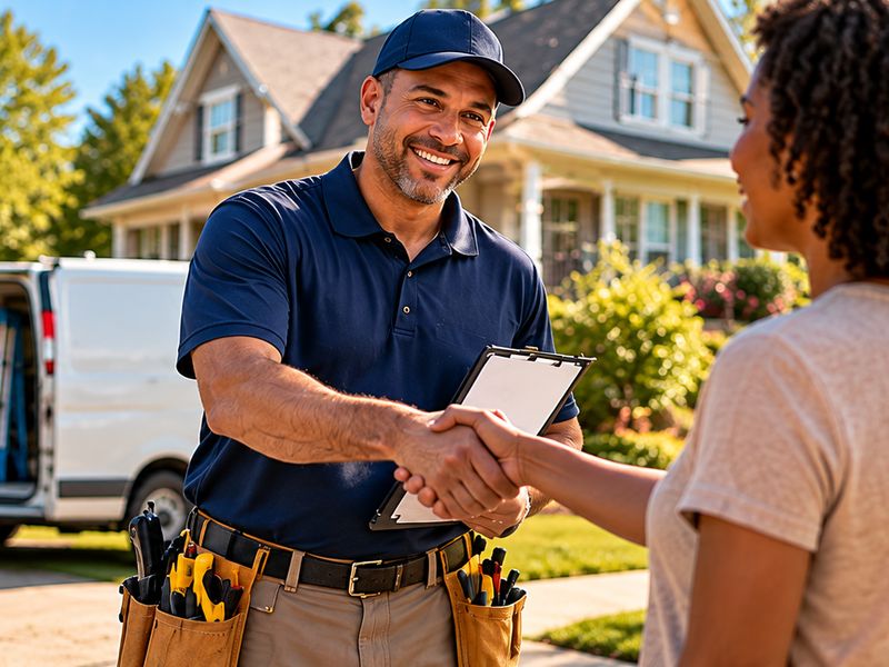 A smiling technician shaking hands with a homeowner in her driveway