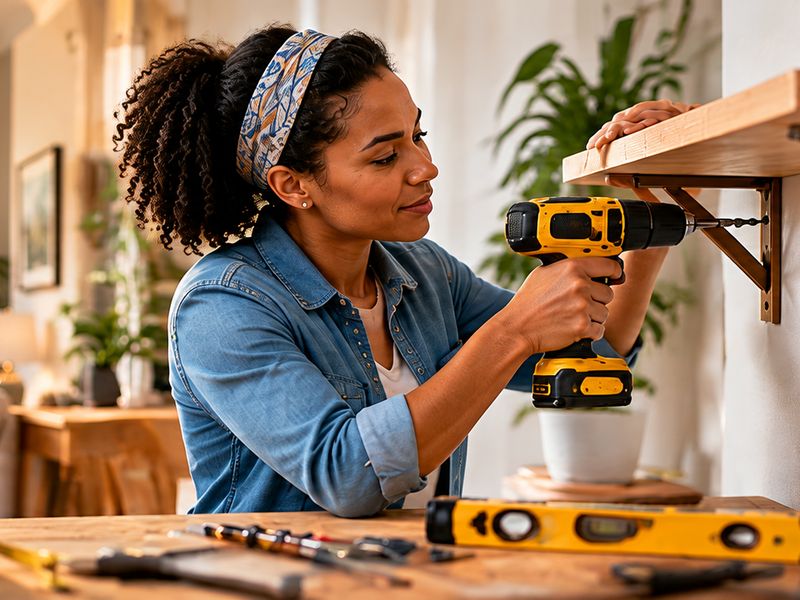 A woman using a cordless drill to mount a wall shelf